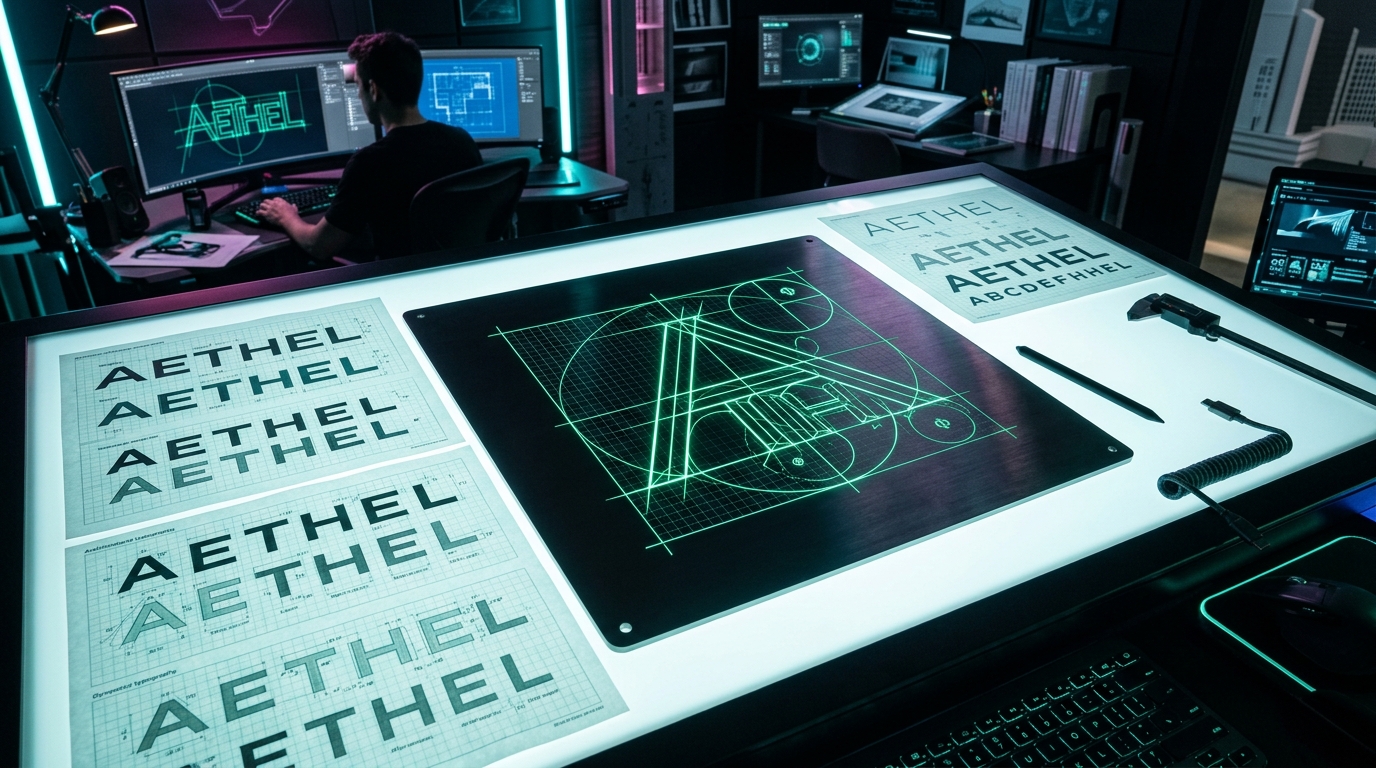 Precision vector brand identity drafting light table and golden ratio curves