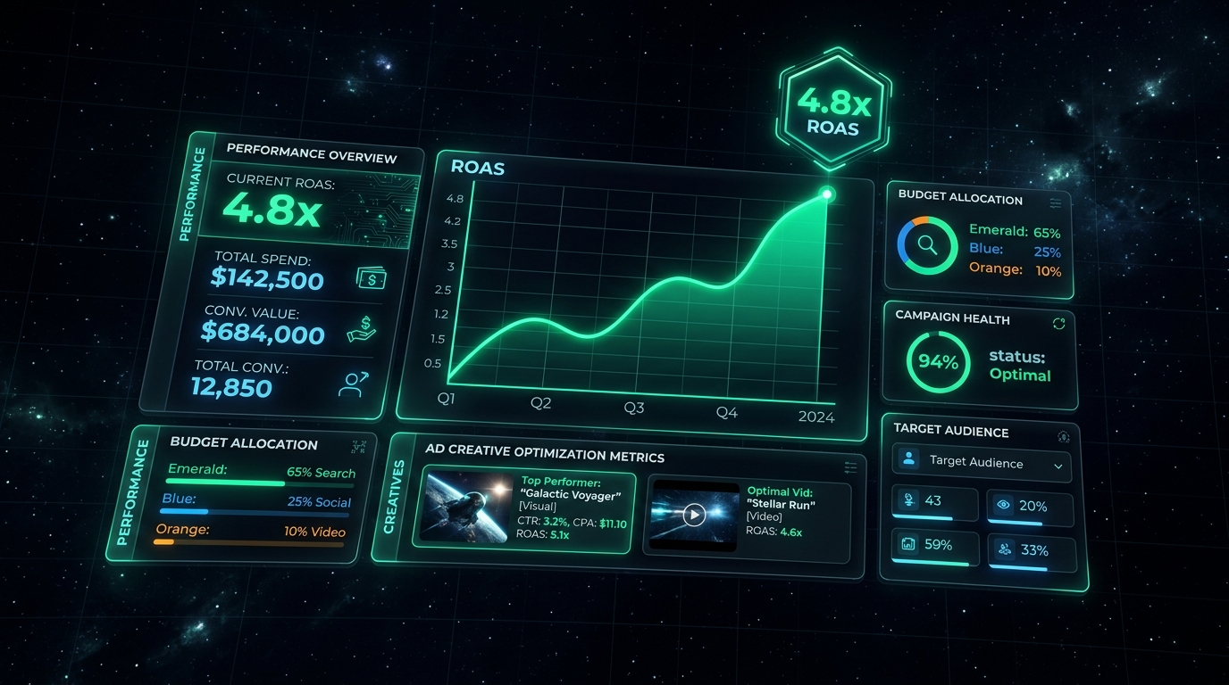Social media ad creative performance dashboard and ROAS curve